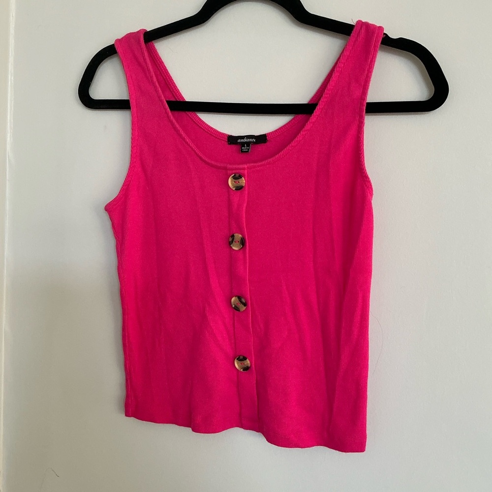 Ambiance Hot Pink Ribbed Button Front Tank Top Women’s L Fitted Stretch